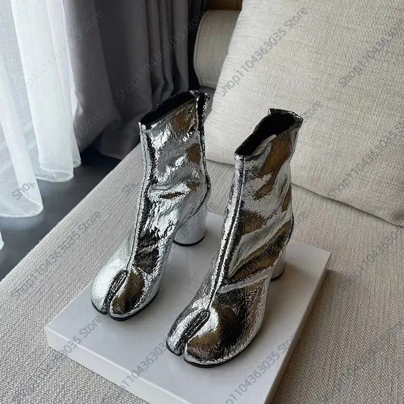 

2025 New Silver Tabi Boots Split Toe Chunky High Heel Women Boots Leather Zapatos Mujer Fashion Autumn Women Shoes Botas Mujer