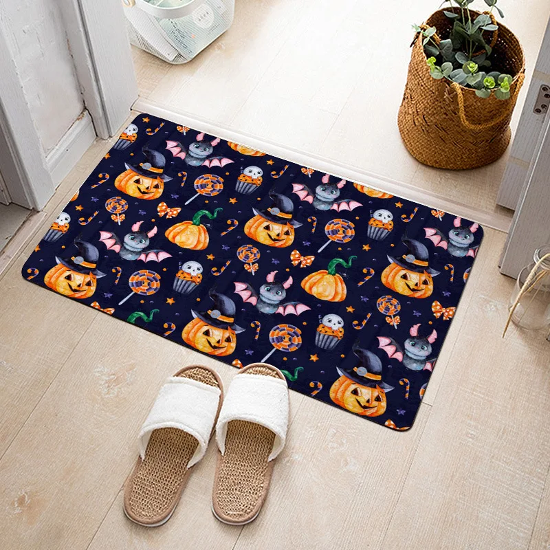 Halloween Cartoon Pumpkin Bat Cute Printed Carpet Flange Soft Anti Slip Household Kitchen Bedroom Floor Mat Entrance Door Mat