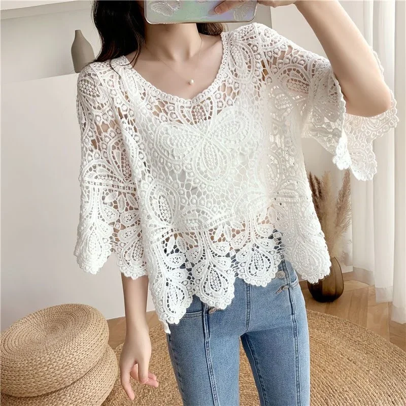 Thin Women\'s Top Lace Shirt Pullover Blouse with Skirt Blusas Clothes for Women Tops Shirts Blouses