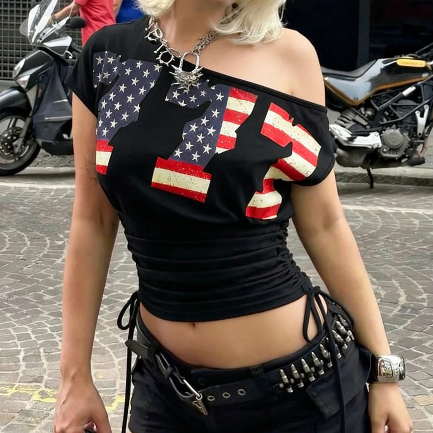 American Retro Street Digital Star Print Slanted Shoulder Short-sleeved T-shirt Sexy Pumping Pleated Waist Contrasting Top