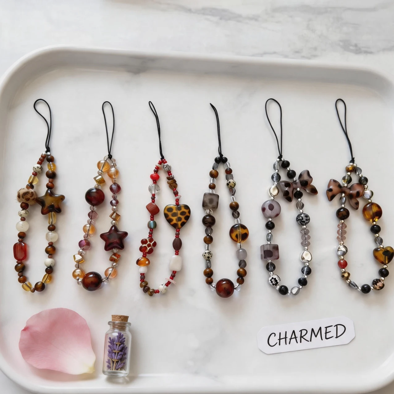 Boho Leopard Bead Phone Charm Handmade Vintage Tortoise Star Bow Y2K Strap Aesthetic Bag Pendant Jewelry for iPhone Samsung