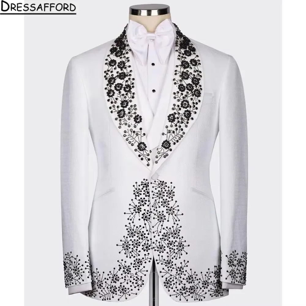 White Suits Men For Wedding 2 Pieces Jacket Pants Pearls Beading Groom Tuxedo Formal Business Banquet