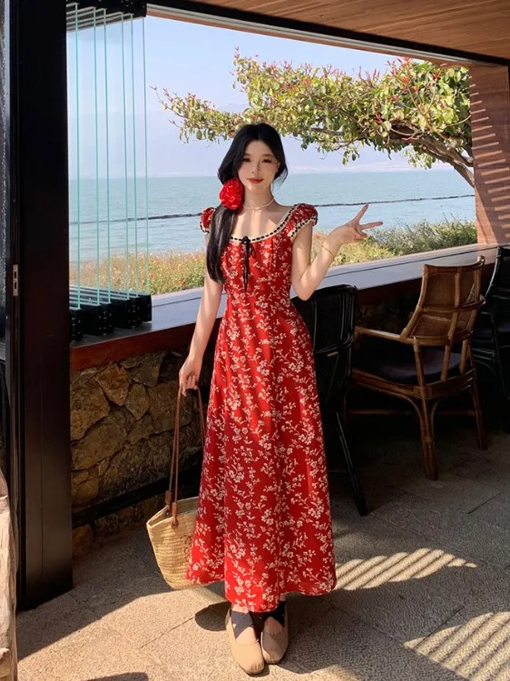 

Женское летнее макси-платье больших размеров с цветочным принтом, приталенное, скрывающее недостатки фигуры, из шифона, в корейском стиле, для повседневной носки