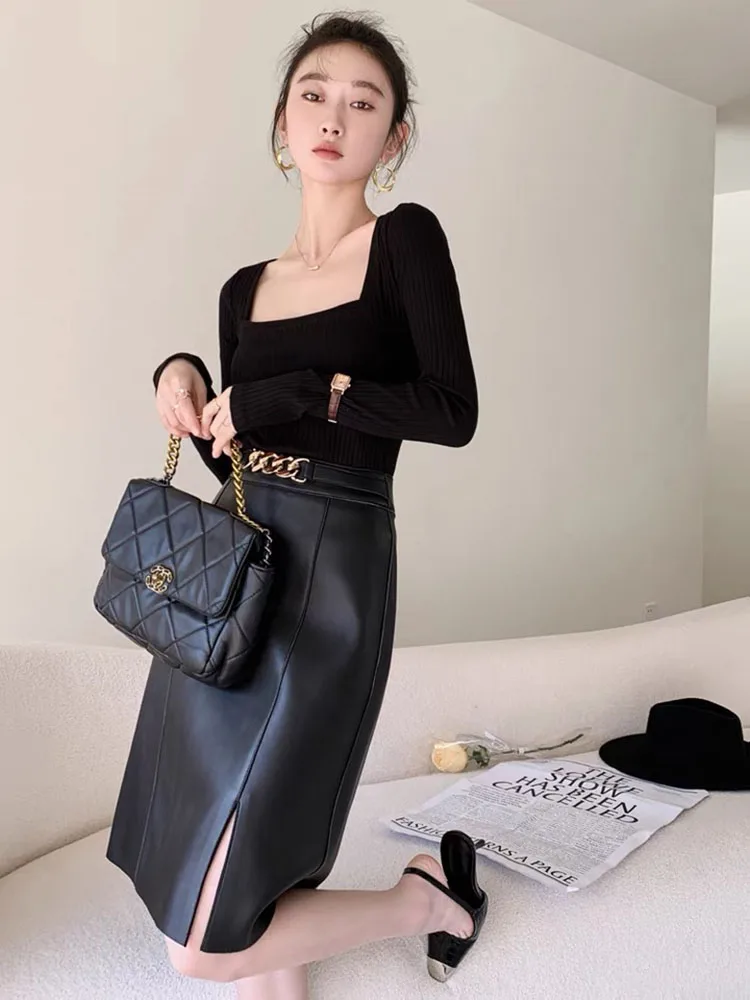 Black Skirts For women 2024 New Korean Fashion Genuine Leather Pencil Skirt High Quality Office Ladies