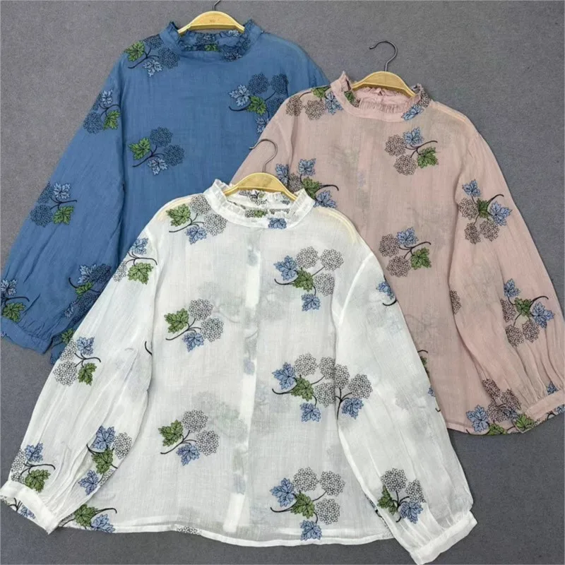 Johnature Japanese Women Colorful Embroidered Ramie Cropped Sleeve Shirts Spring Summer New Fungus Collar Tops