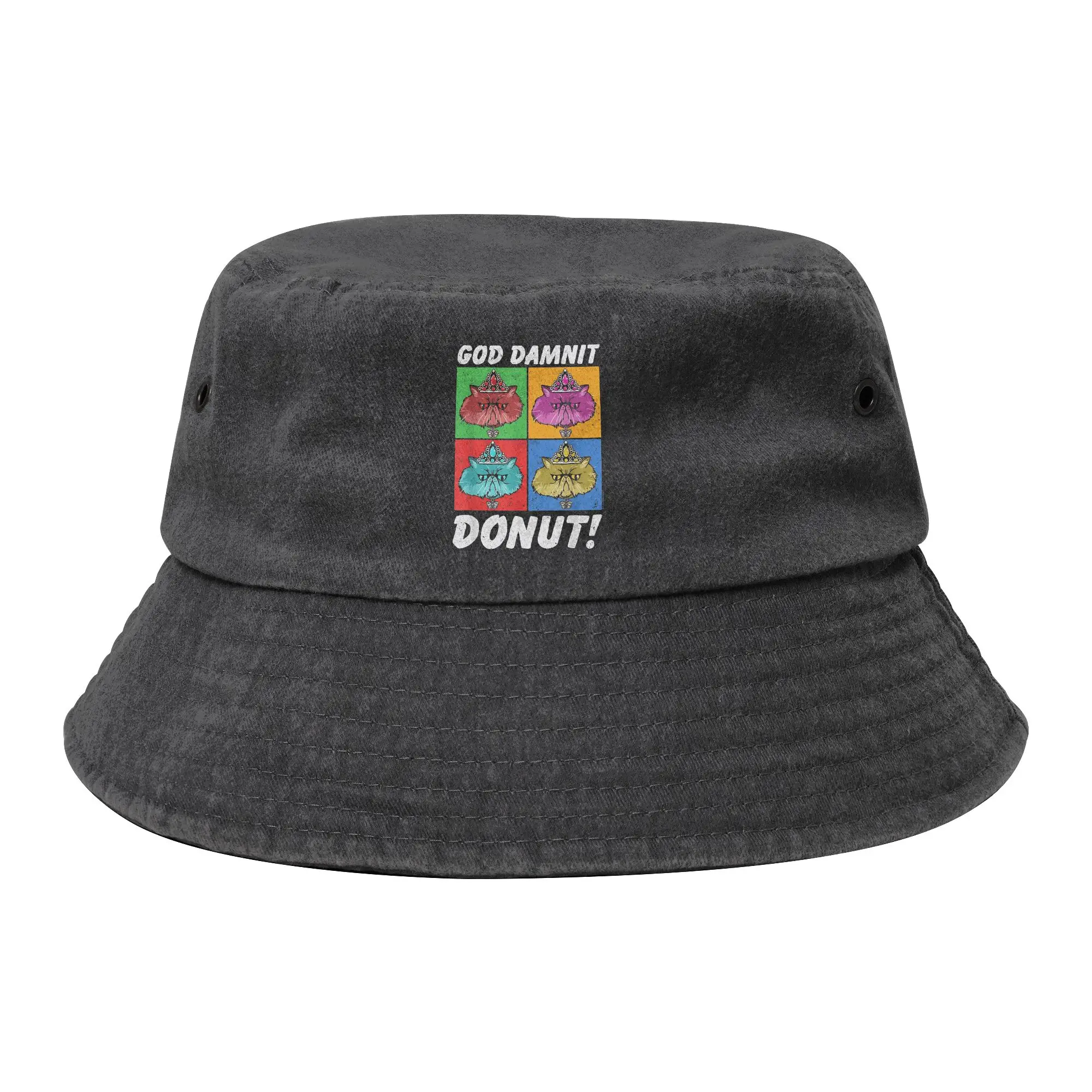 Unisex Distressed Denim Bucket Hats God Damnit Donut Cat Summer Outdoor Sports Fishing Hats Dungeon Crawler Carl Bob Hat Gifts