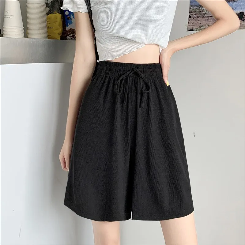 Summer Ice Silk Loose Women\'s Shorts Casual Straight Short Pants High Waist Elastic Wide Leg Knee Length Shorts Simple Pant New