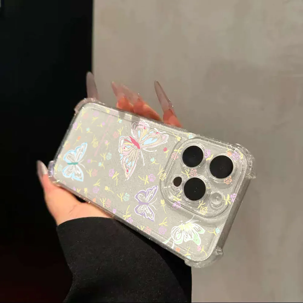Bunte Schmetterlinge transparente Glitzer-Handyhülle für iPhone 16 Pro Max 17 16 15 Pro 14 13 Air 12 11 Hülle, stoßfestes TPU
