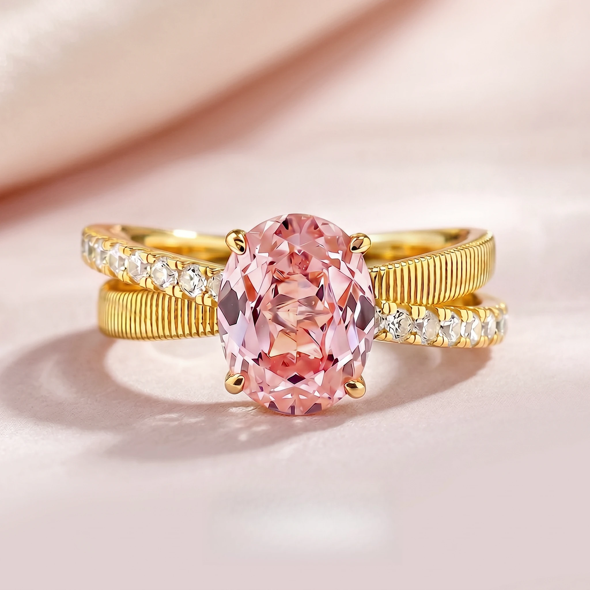 

S925 Silver Ring Papalacha Powder 7 * 9mm Elliptical Zircon Double Ring Twisted Arm Brushed Ring Jewelry