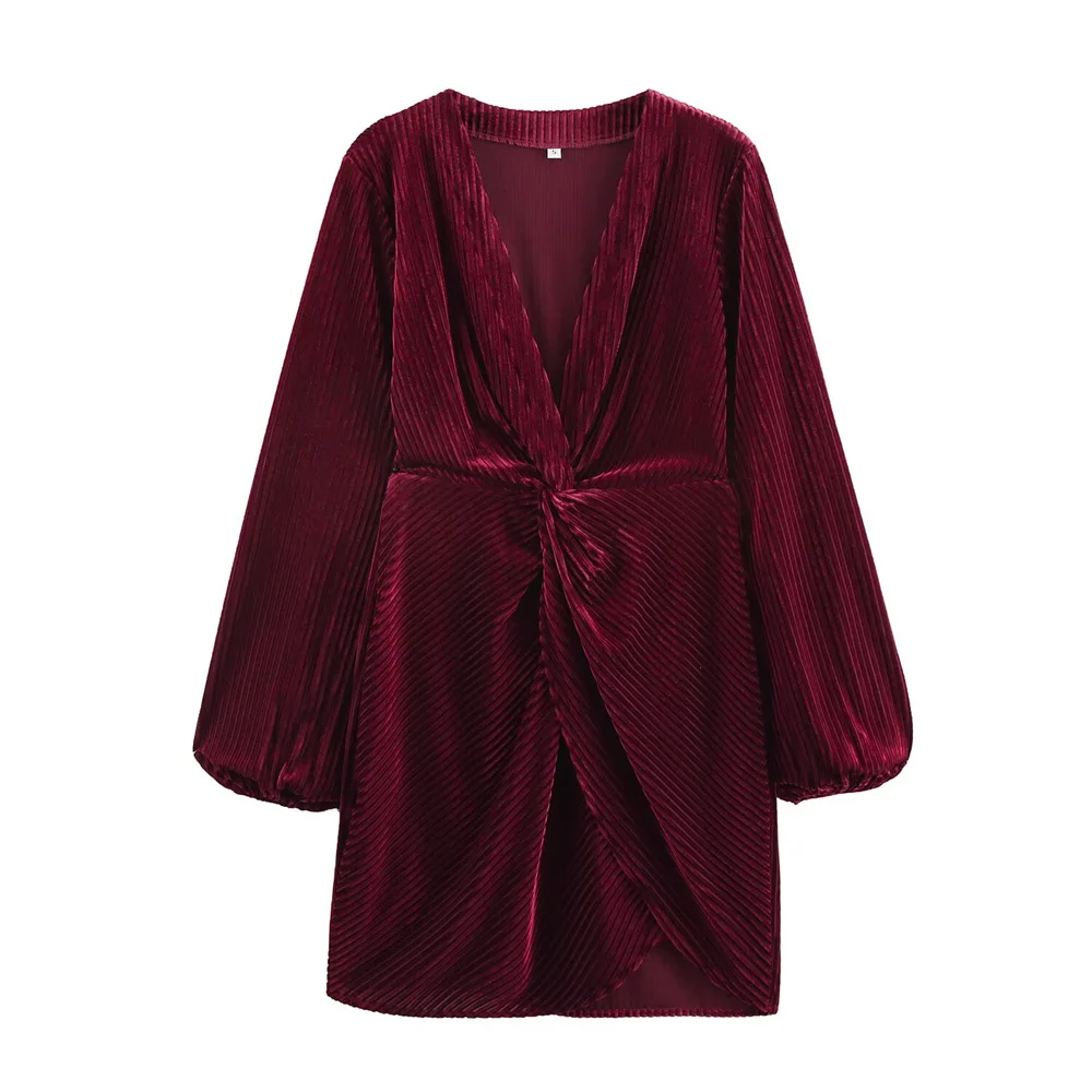 

2025 TRAF Spring New Women's Fashion Sexy Temperament Velvet V-neck Chest Knotting Waist Long Sleeve Dress