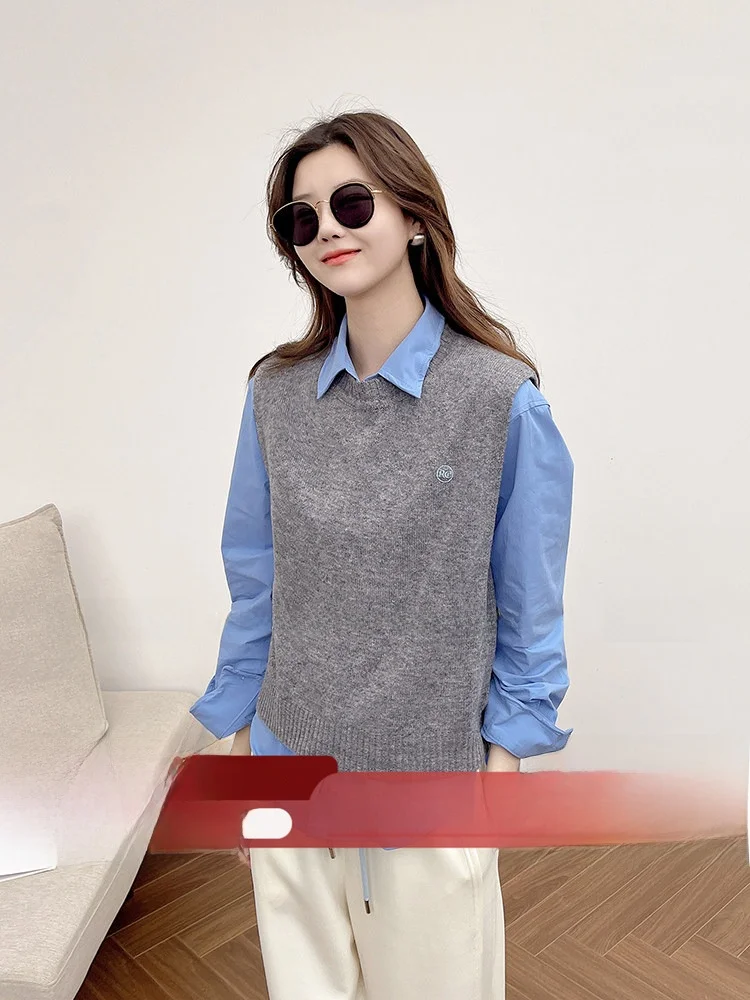 

Korean Style Pure Color Sleeveless round Neck Embroidered Wool Knitted Vest Women's Autumn Layered Top Fashionable Casual Kni...