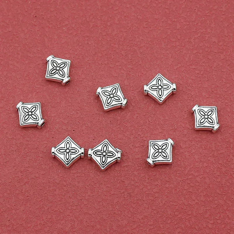 20pcs/Lot Beautiful Suqare Flower Alloy Loose Beads 9.5x10mm Tibetan Silver Metal Plaid Spacer Beads DIY Jewelry Accessories