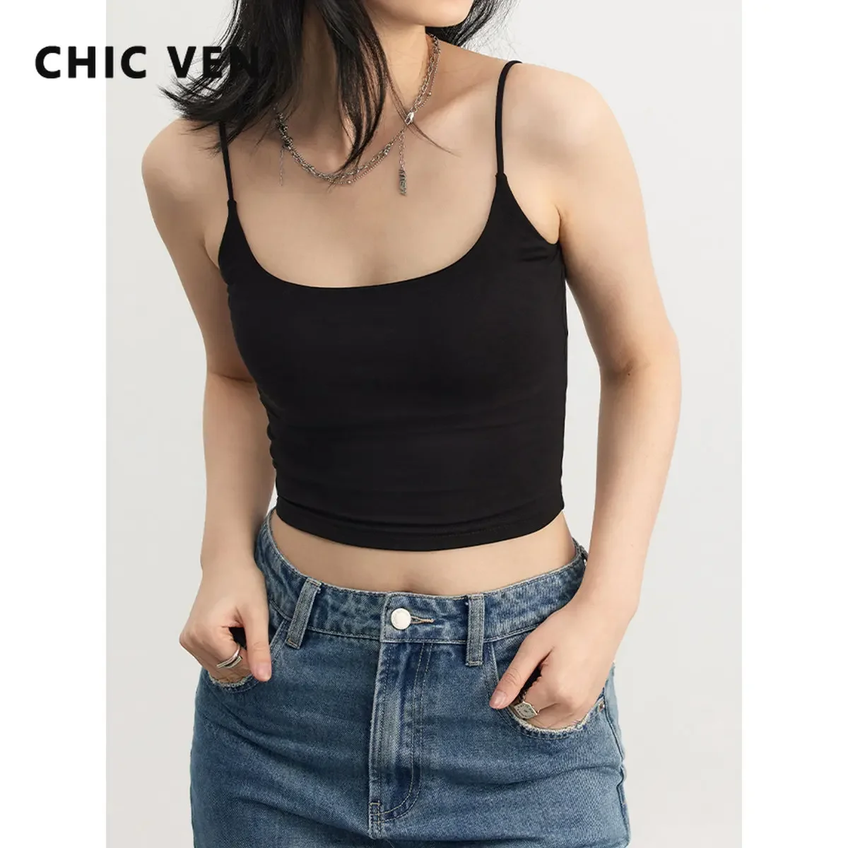 CHIC VEN Womens Crop Tank Tops  Loose Short Camis Soft Elastic Bra Bralette Vest Sleeveless Solid New Woman Clothing Summer 2023