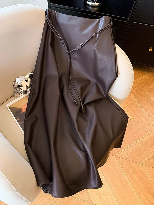

Юбка трапециевидной формы с высокой талией в стиле ретро, женская модная юбка из искусственной кожи кофейного цвета с поясом, осенний сезон Ele Sle