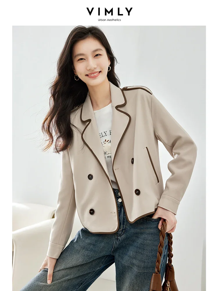 VIMLY Cropped Apricot Jackets Women 2025 Autumn England Style Contrast Notched Long Sleeve Coat Loose Button Female Jacket M2820