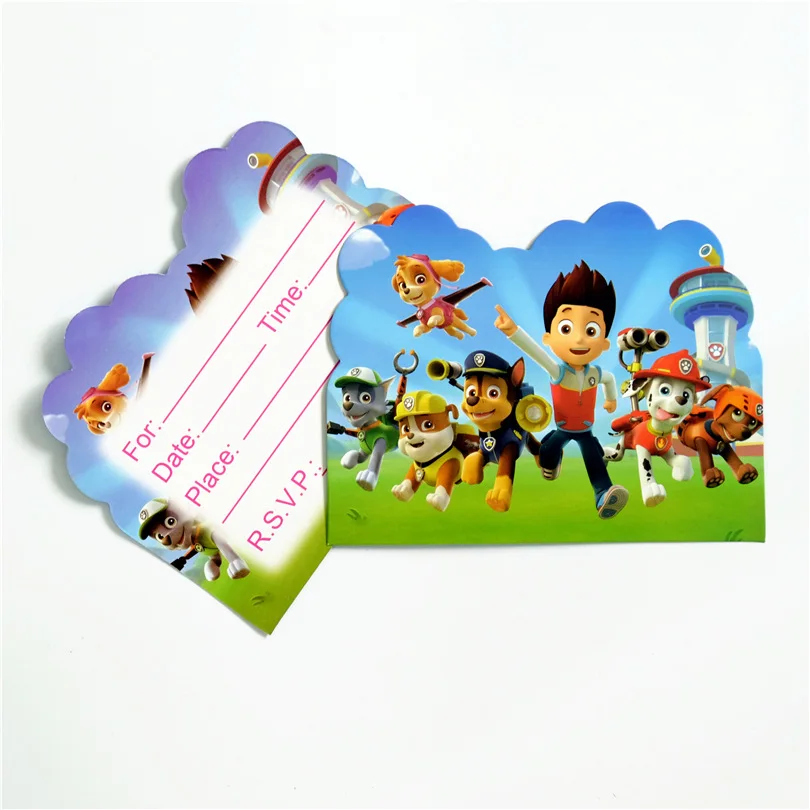 Cartes d'invitation Paw Patrol, fournitures de décoration de fête d'anniversaire, cartes en papier rigourde type page unique, faveurs pour filles et garçons, 10 pièces