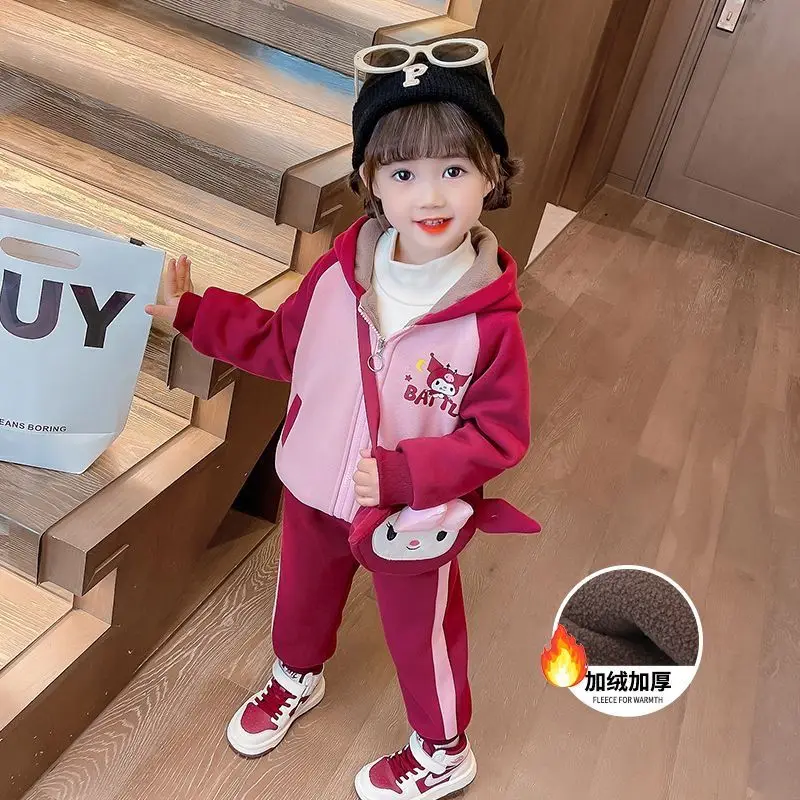 

Kawaii Kuromi Sanrio Students Cute Cartoon Long Sleeve Sportswear Children Comfortable Hooded Jacket Thermal Pants Gift for Kids