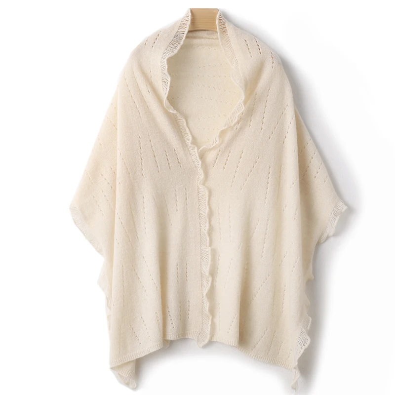 100% Cashmere Scarf for Women, Dual-use Shawl with Tassels, Hollow Long Versatile Knitted Neck Warmer, Silky and Warm