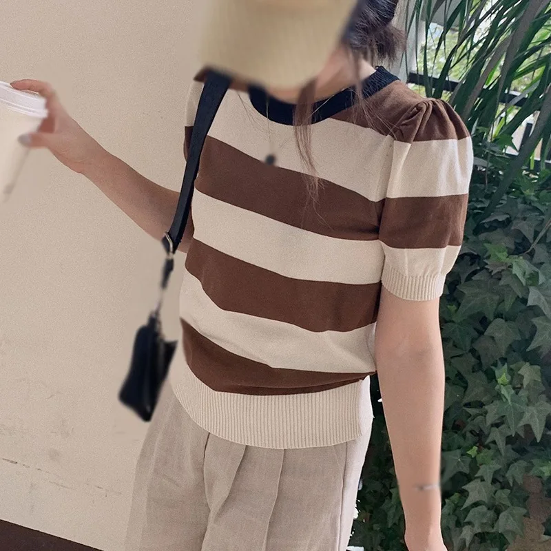 Women\'s Top Round Neck Color Striped Casual Short Sleeve Matching Slim-Fit Knitted T-Shirt Bubble Short Sleeve Knit Top