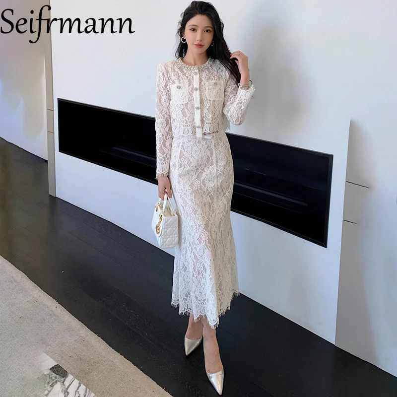 

Seifrmann 2026 Spring Women's New Fashion Round Neck Long Sleeve Nail Beaded Lace Top+Half Skirt Two Piece Set