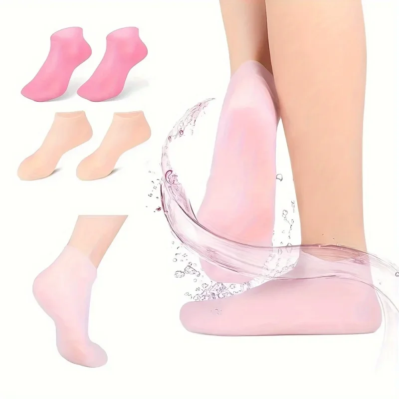 1Pair Pink/ Beige Moisturizing Silicone Gel Socks for Dry Cracked Feet Nourishing Skin Lubricating Foot Care Massage Socks view 6