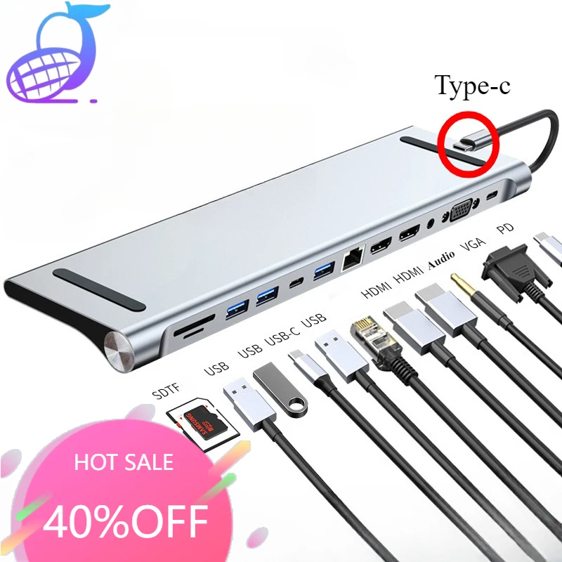 

USB-концентратор 12 в 1 с портом Type-C 3,1 на 4K HDMI, адаптер с кардридером SD/TF, PD для MacBook, ноутбука, компьютера, быстрая зарядка