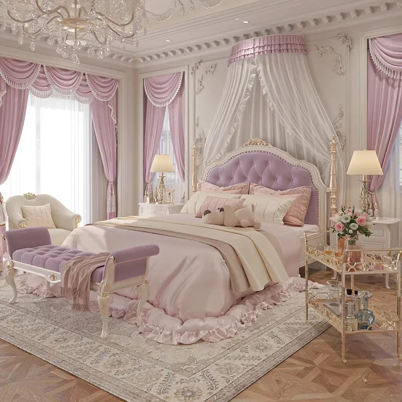 Light French Wooden Luxury Princess Bed Girl Bedroom Pink Double Wedding Bed Modern Simple Sleeping Muebles Trendy Furniture