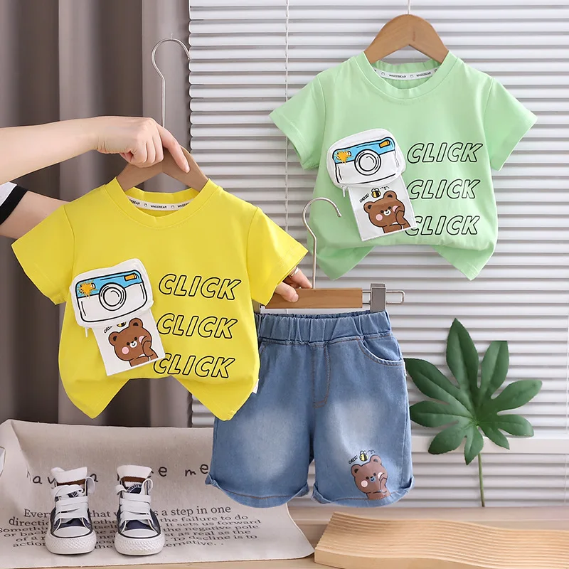 

Повседневные комплекты для маленьких мальчиков, летние детские футболки с медведем + шорты, костюм из 2 предметов, детская спортивная одежда, костюмы, детская одежда с принтом, От 1 до 5 лет