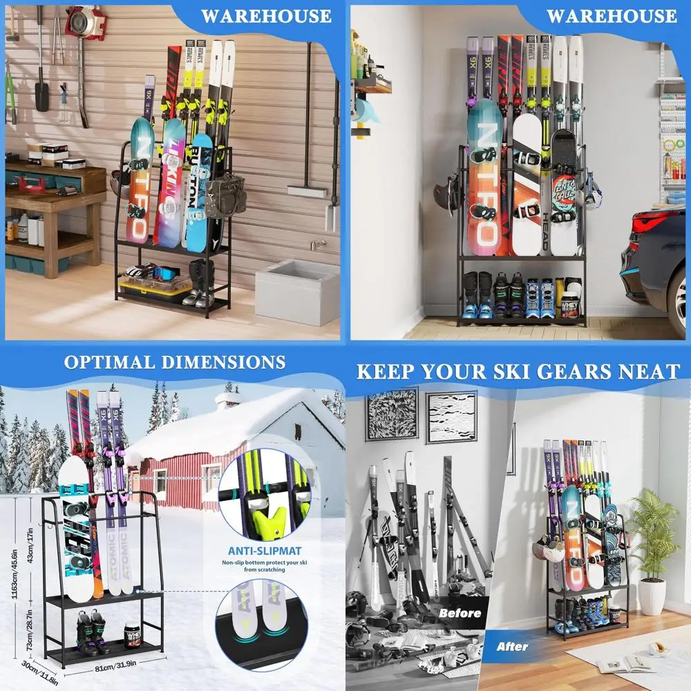 

Garage Ski and Snowboard Storage Rack, Freestanding Steel Organizer for Ski Gear, Boots, Poles, Helmets, and Accessories