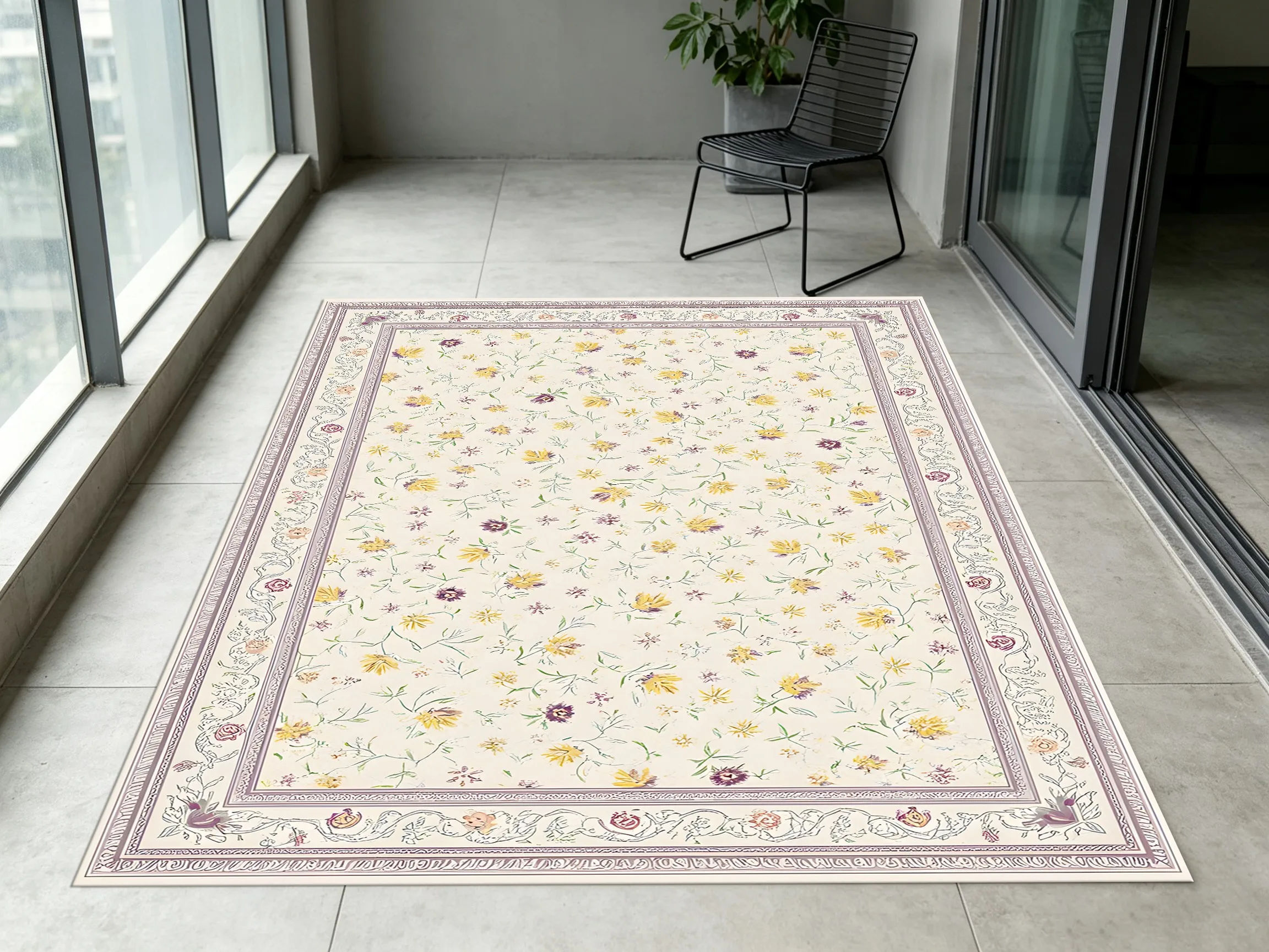 Large Area Rug with Scattered Small Floral and Retro Border, French Fresh Style, for Living Room Bedroom