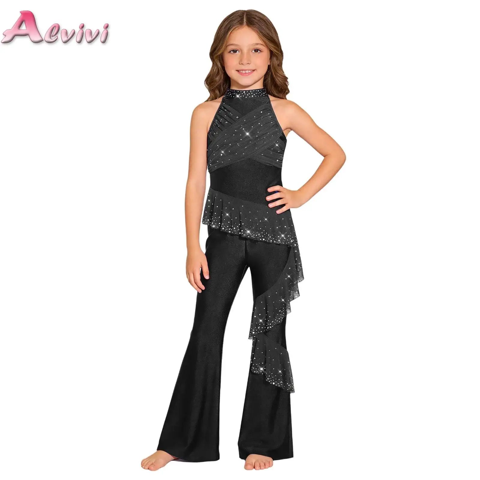 

Kids Girls Sparkling Rhinestones Jumpsuit Ruched Mesh Ruffles Rhythmic Figure Skating Competition Dress Ballet Dance Costumes