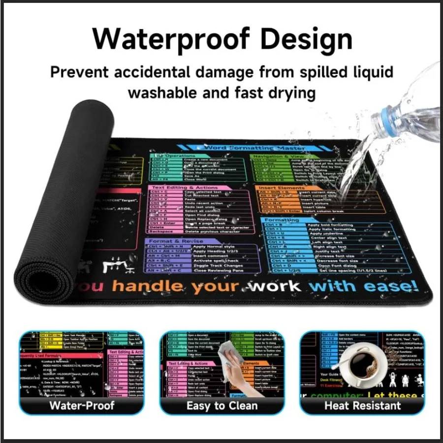 لوحة ماوس مع اختصارات Excel Word Windows، لوحة مكتب Excel Cheat Sheet، لوحة ماوس كبيرة، ملحقات مكتب الألعاب للمكتب