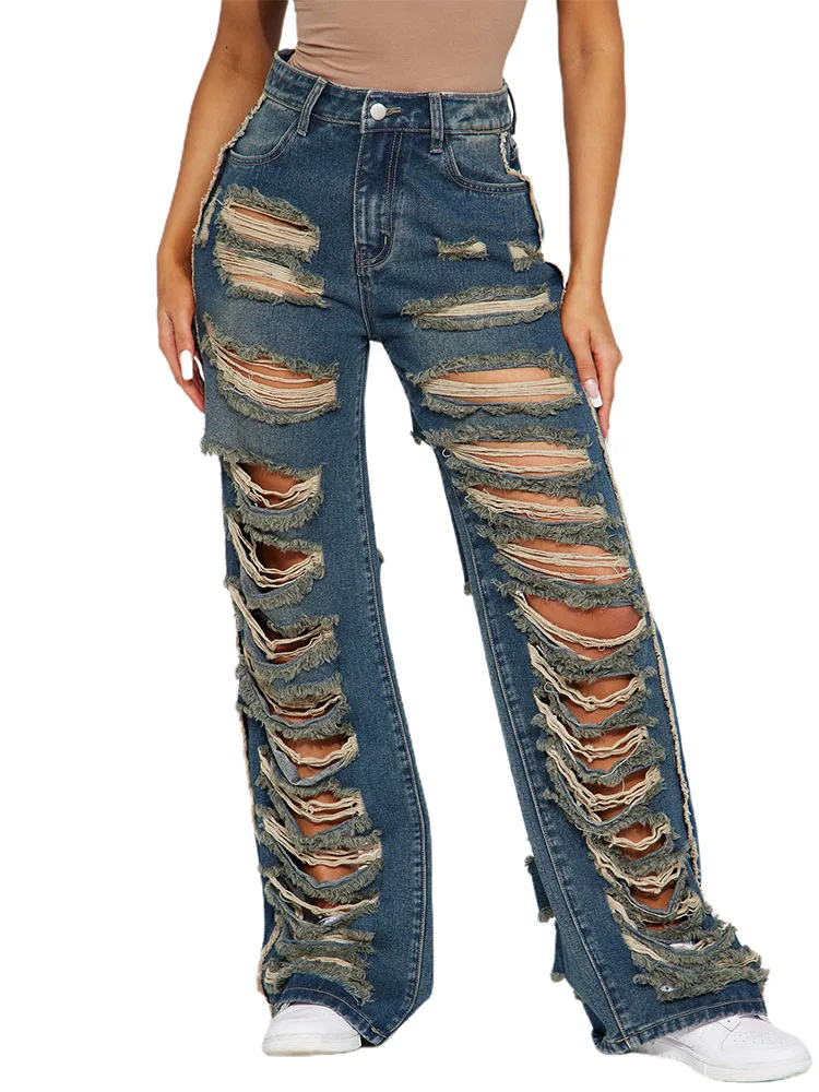 

Sexy High Waist Ripped Burrs Jeans Flare Pants Women For Party Club Pants Bell Bottoms With Pockets Hole Skinny Denim Trousers