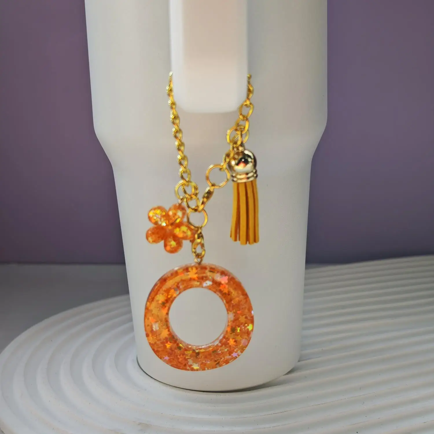 Orange Floral Alphabet Cup Chain Key Pendant for Stanley Tumbler Cross-Border Hot Decorative Accessories