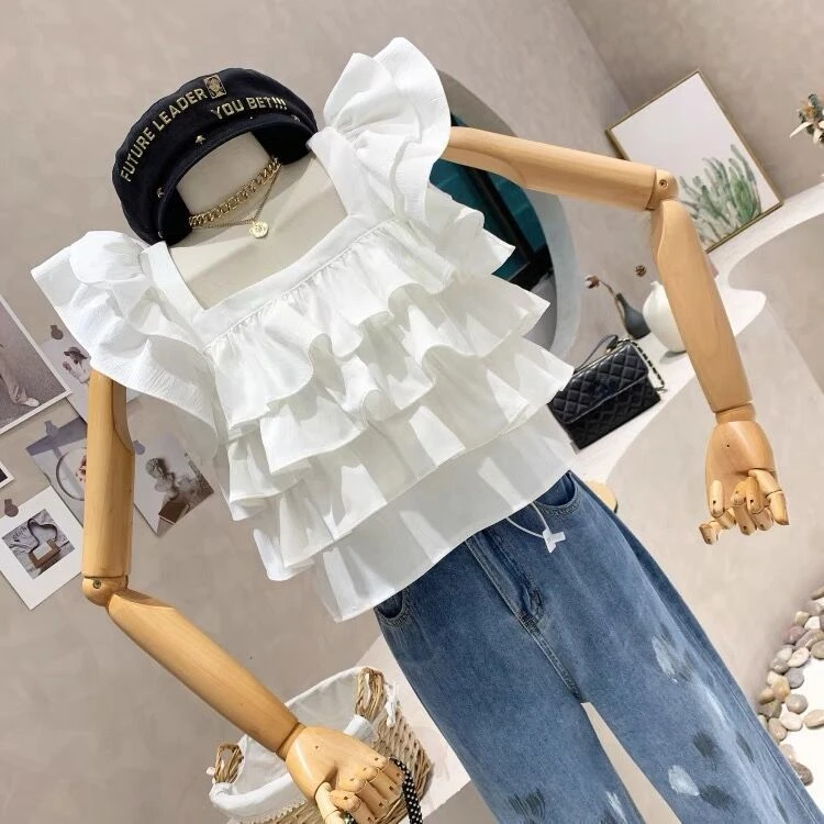 Blouses Blusas Mujer De Moda 2024 Summer Crop Tanks Top Ruffled Doll Shirts Solid Flying Sleeve Chemise Femme Women White