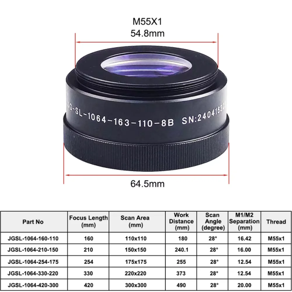 Детали сканирующей линзы HUNST F-theta, резьба M55, 1064 нм, гальванометр, полевая линза, подходит для волоконной лазерной маркировочной машины YAG 1064 нм