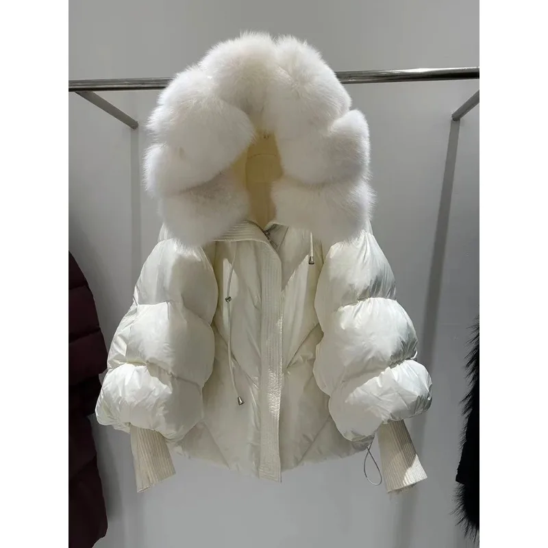 

Winter faux fur collar hooded down jacket; women's white down jacket; solid color coat; women's warm quilted puffer sleeves