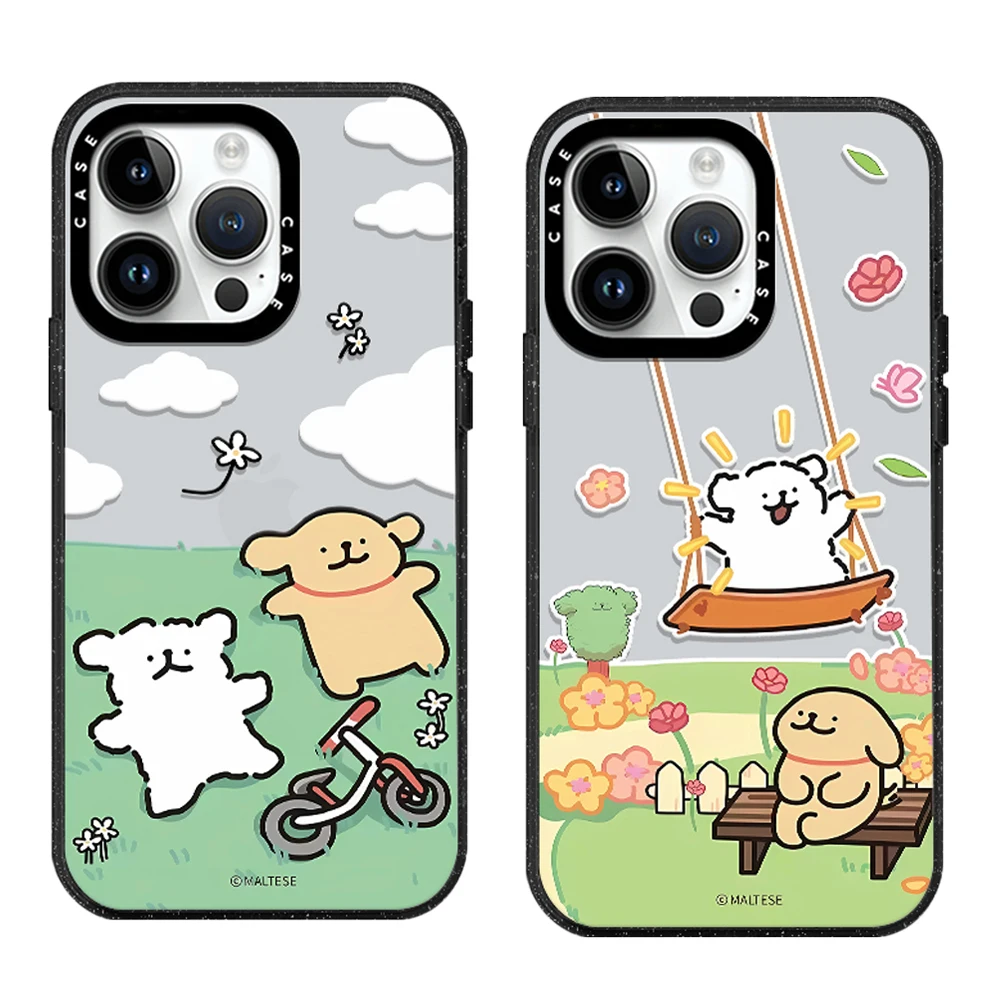 Korea Cute Dog Line White Brown Puppy Phone Case Acrylic With MagSafe For iPhone 16 1514 13 12 Pro Max Plus Anti-drop Back Cover