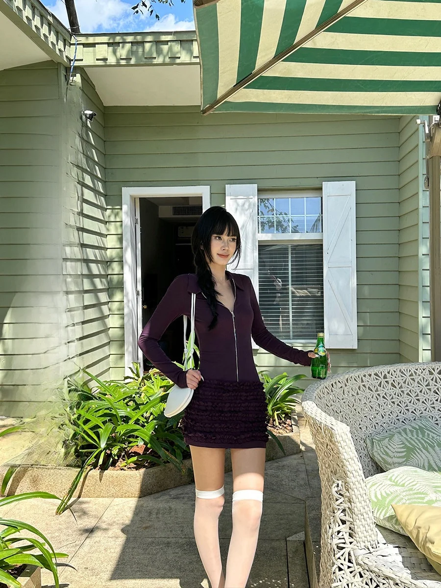 

Платье-юбка VENUIE с длинным рукавом на молнии, фиолетовое, с эффектом утончения талии, из смесового хлопка, с деревянными пуговицами