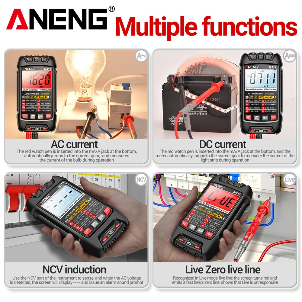 ANENG M117 멀티미터 스마트 디지털 4000 카운트 AC/DC 전류 전압 멀티메트로 전문 다기능 테스터 미터 도구