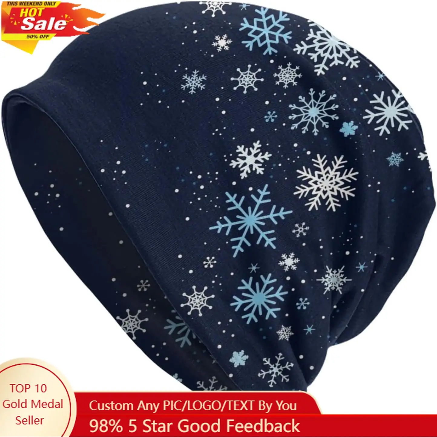 Christmas Hats Snowflakes Blue Beanie Standard Closed Chemo Knitted Hats Baggy Slouchy Skull Cap Cancer Headwear for Women M