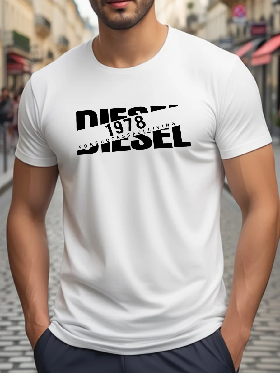 Camiseta Blanca de Manga Corta con Estampado Gráfico Negro en Negrita de 'Diesel 1978', Camiseta Informal de Cuello Redondo de Algodón para Hombre