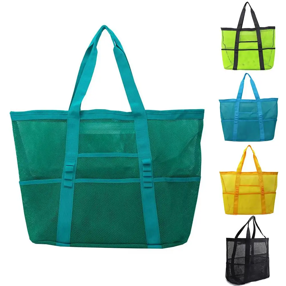 Mesh Beach Bags Foldable Lightweight 8 Pockets Large Capacity Grocery Produce Tote Bag Sandproof Beach Toy Camping Bag