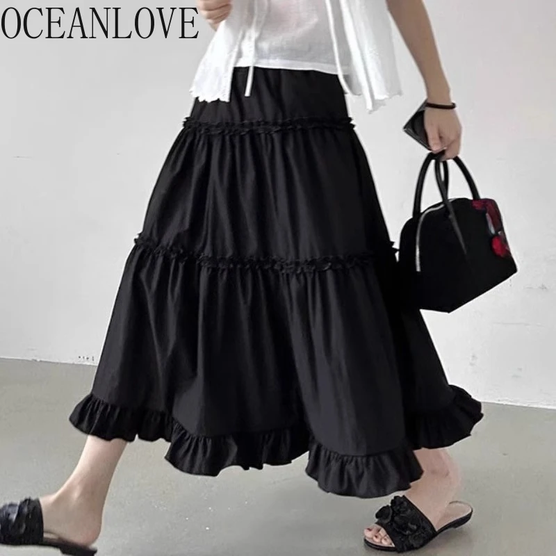 

OCEANLOVE Spring Summer Sweet Women Skirts Ruffles A-line Solid Retro Long Skirt Korean Fashion Chic Elegant Jupe Femme