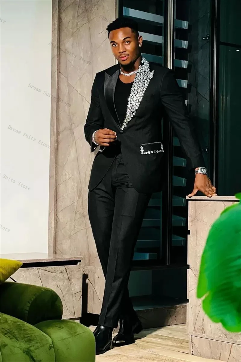 Abito formale da uomo con cristalli Set 2 pezzi Blazer nero + pantaloni Pantaloni Giacca da ufficio personalizzata Cappotto smoking da sposo per ospiti
