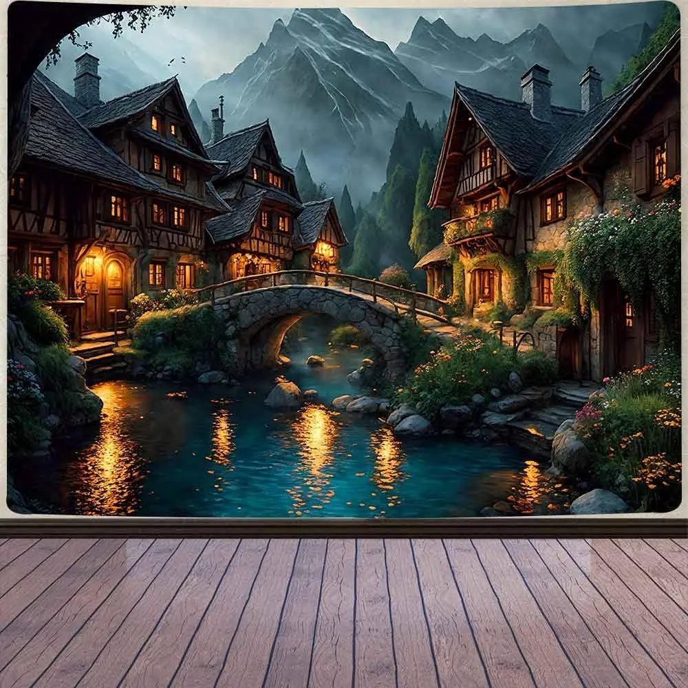 Fantasy Village Tapestry - Cozy Cottage by River, Mountain Landscape Wall Art, Bedroom Living Room Decor, Multiple Sizes