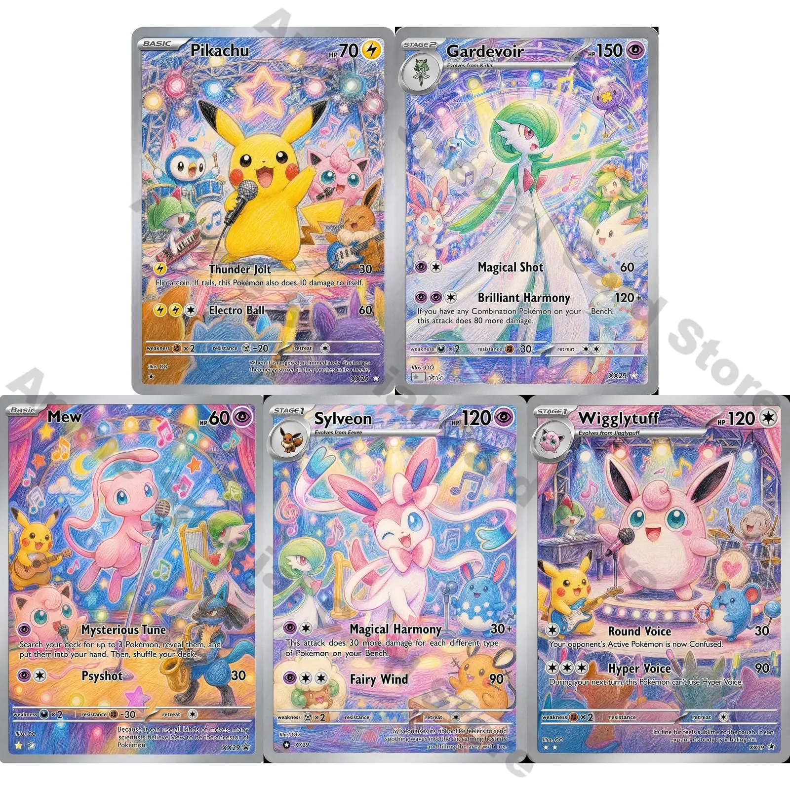 PTCG Cards PTCG Colored Pencil Style Custom Gardevoir Mew Sylveon Jigglypuff Collection Cards Rare Cards Set PTCG Gift