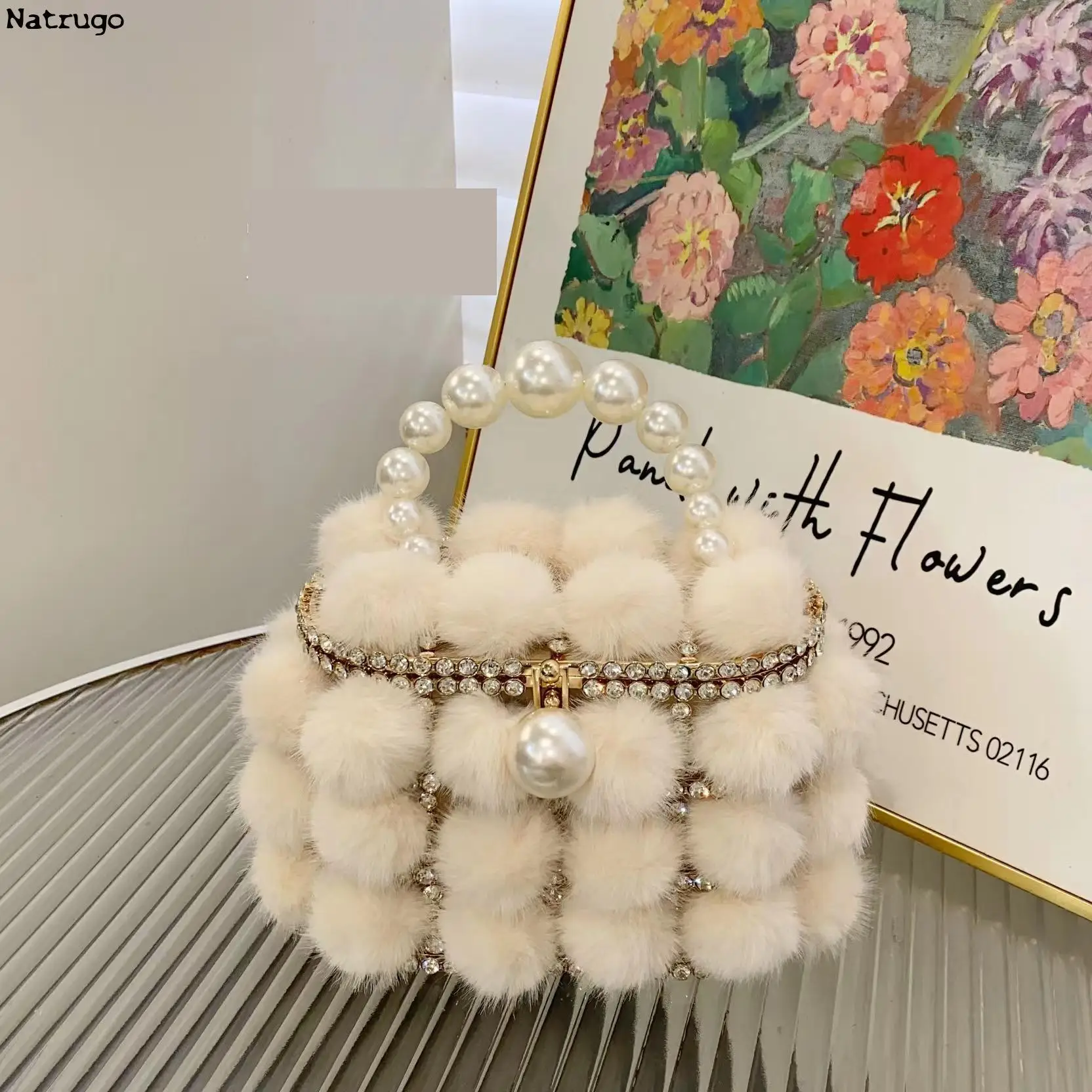 Pearl Handle Rhinestones Evening Bag Fake Fur Crystal Top Handle Bags For Women Purses And Handbags Luxury Designer Banquet Bag