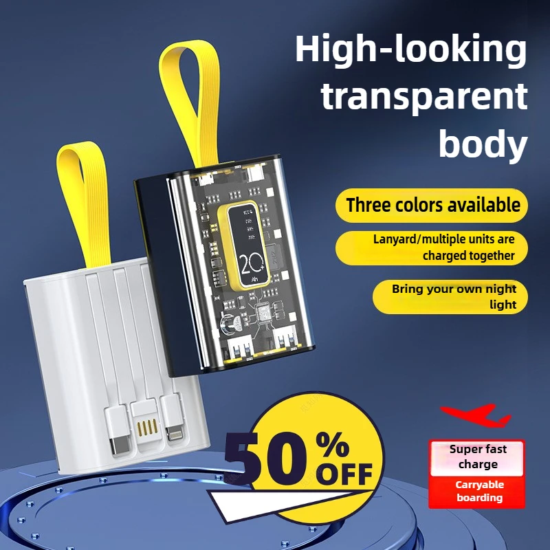 20000mAh Large-capacity Digital Display Power Bank with Built-in Cable Compact and Portable Mobile Power Supply