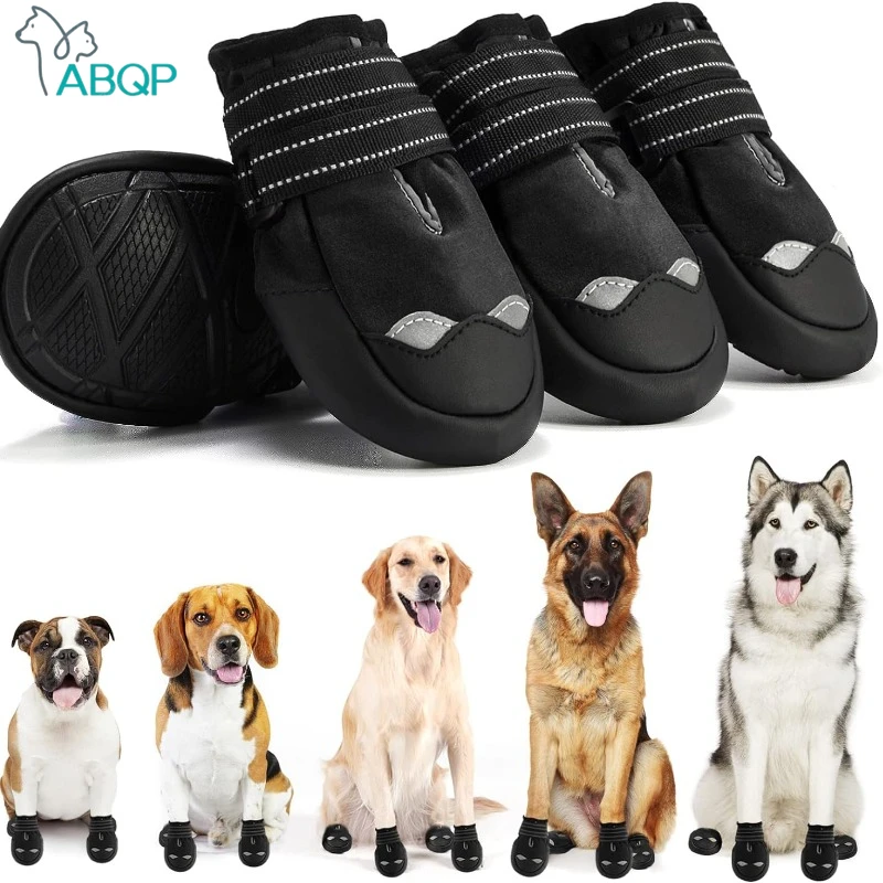 4Pcs/set Dog Boots Reflective Rugged Anti-Slip Sole Waterproof Puppy Shoes Outdoor Dog Shoes Paw Protectors for Winter Snowy Day